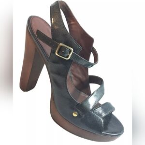 ABS Allen Schwartz Women’s Vintage Strappy 5” Olive Green Patent Leather Heels.